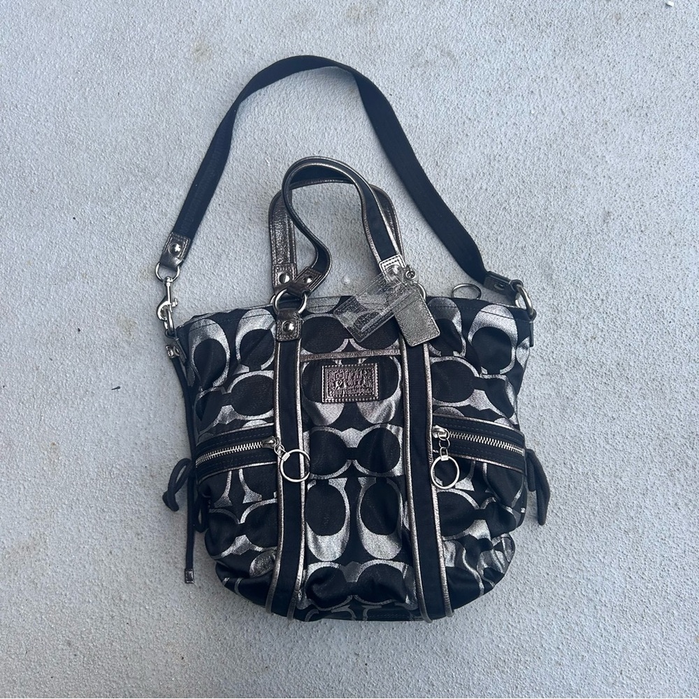 Coach Poppy Silver & Black Spotlight Satchel - Picture 2 of 10